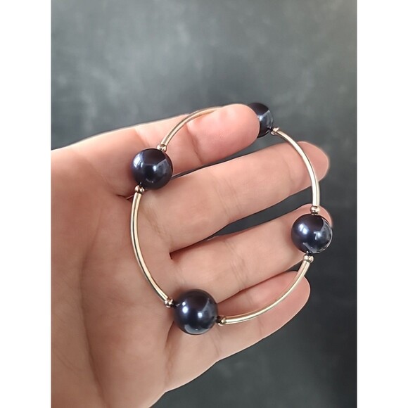 925 Sterling Silver Faux Blue Pearl Beaded Bangle Bracelet Vintage - Picture 2 of 10